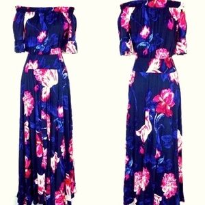 Jasse Maxi Dress Flowy Navy & Pink Floral Bell Sleeves On/Off Shoulder S‎ anthro